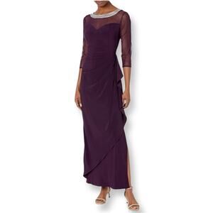 Alex Evenings Long Shift Dress Illusion Neck Line In Eggplant